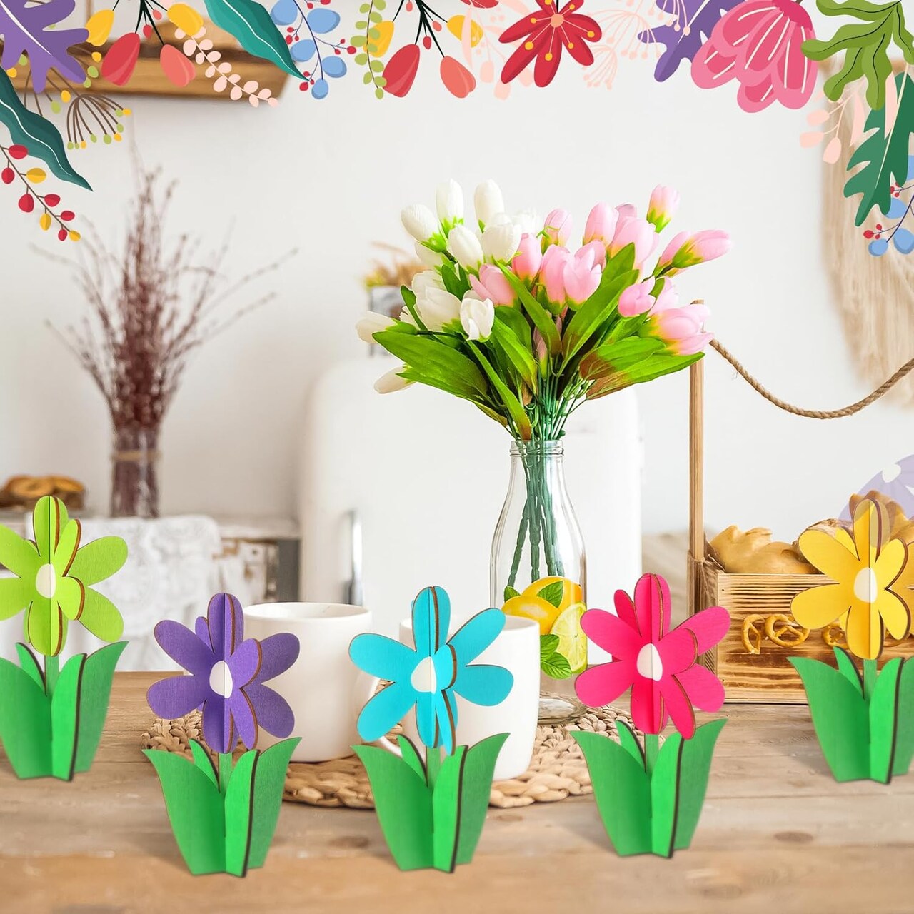 24 Pcs Summer Daisy Wood Signs Retro 3D Flowers Table Decoration Rustic Farmhouse Flower Table Centerpiece Multicolor Flowers Floral Block Tabletop Signs for Tiered Decor